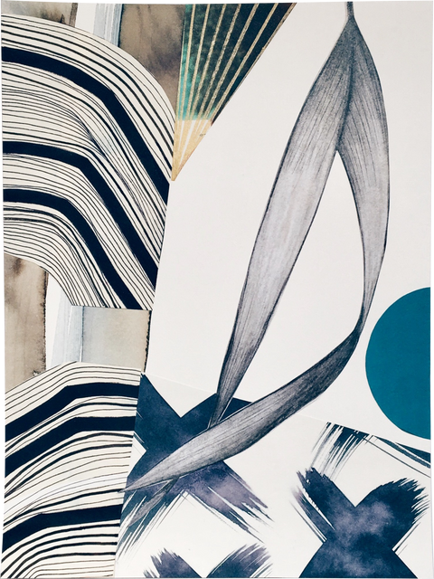 Abstract art of broad paint strokes and concentric parallel lines in dark blue under paper cut out int he shape of leaves