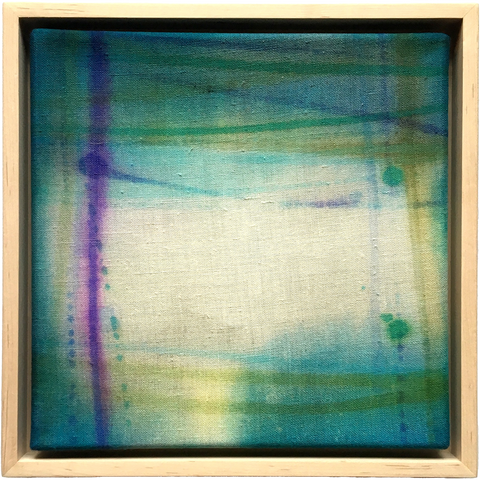 Framed canvas art painted in blues and greens with yellow stripes and a purple line