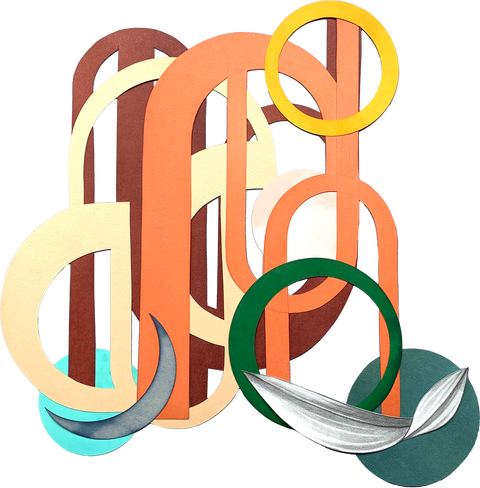 Bold paper cutouts of circles and arches layered under a cutout of a leaf