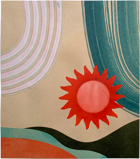 Paper cut outs of arches and organic shapes around a red sun