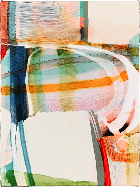 Abstract canvas painting in bright orange and pinks with white arches