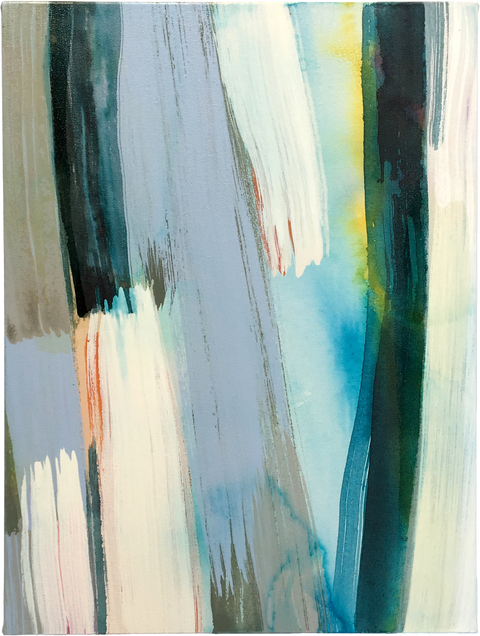 Canvas painted with a series of visible paint strokes in warm whites, soft blues, and dark greens