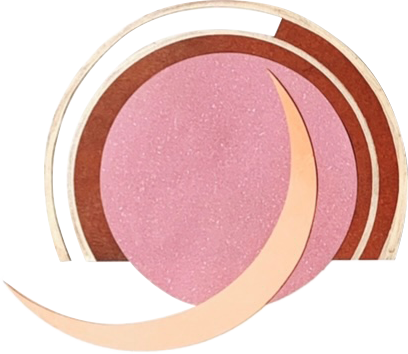 Abstract paper cut outs of cropped circles and arches in red and tan under a pink complete circle all under a tan crescent moon